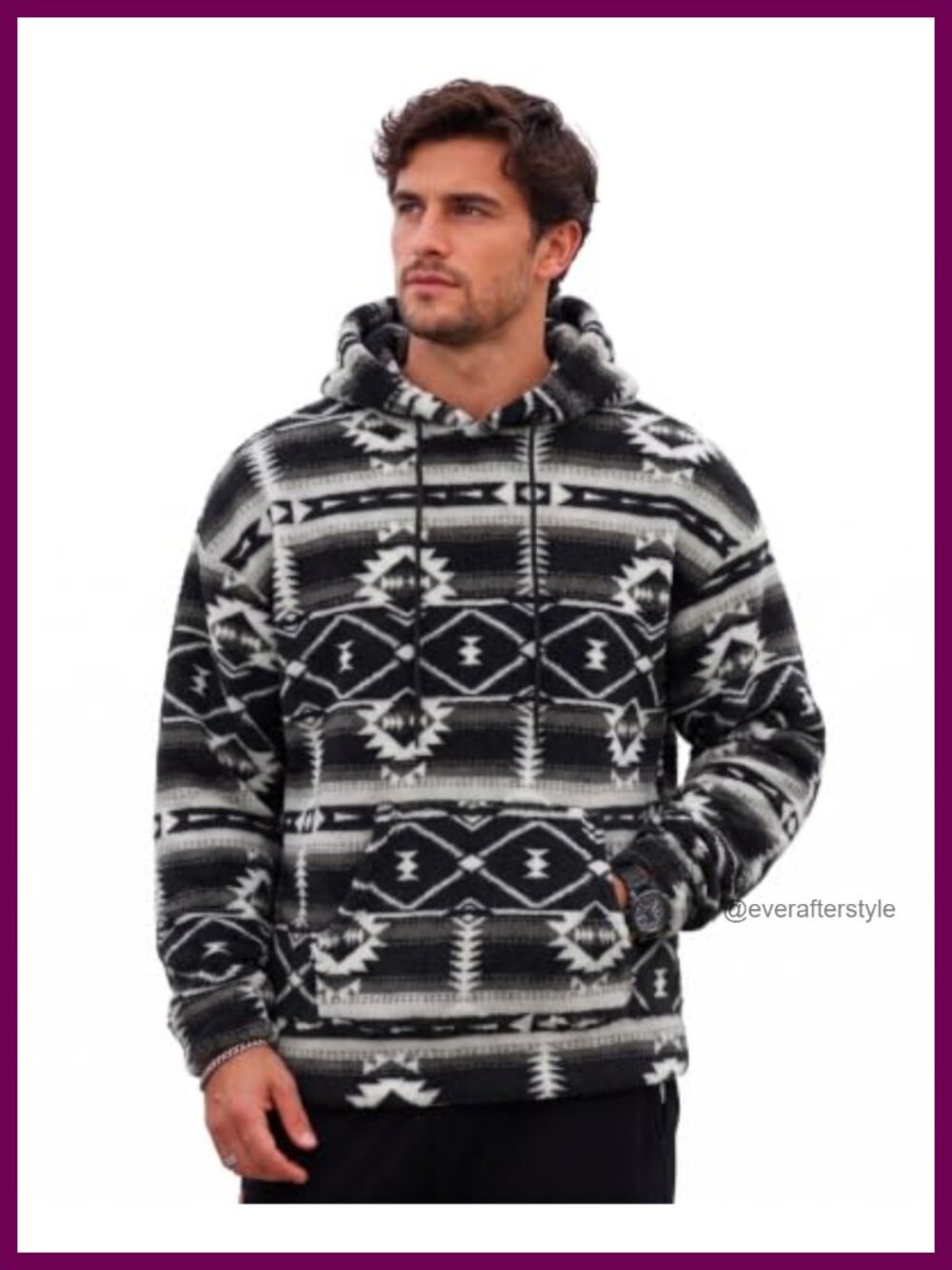 Sherpa Fleece Aztec Graphic Hoodie Kangaroo Pocket Loose Fit Pullover